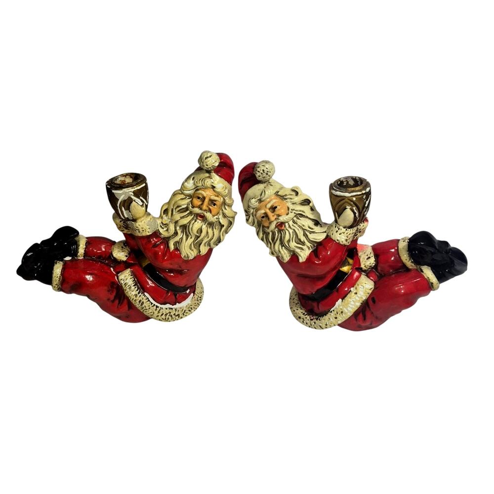 Vintage 60's Chalkware Reclining Santa Tapered Candle Holders Set of 2 Japan